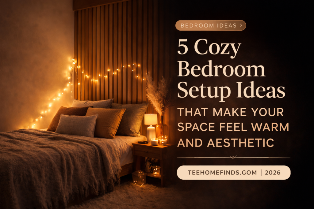 cozy bedroom setup with warm lighting, soft bedding and aesthetic decor ideas