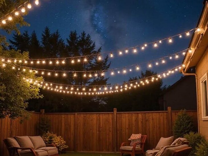 Warm backyard string lights hanging above outdoor seating under a night sky

Pinterest Pin Description