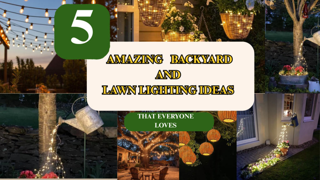 Warm backyard lighting ideas with glowing garden lights, hanging lanterns, cozy string lights, and illuminated patio decor at night