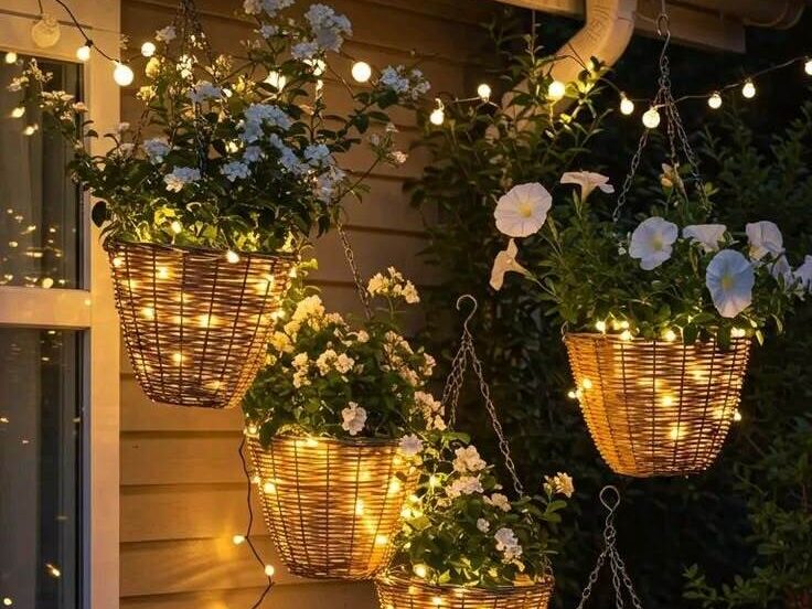 Cozy backyard lighting ideas featuring glowing globe lights, hanging lanterns, string lights, fairy lights, and illuminated flower baskets at night